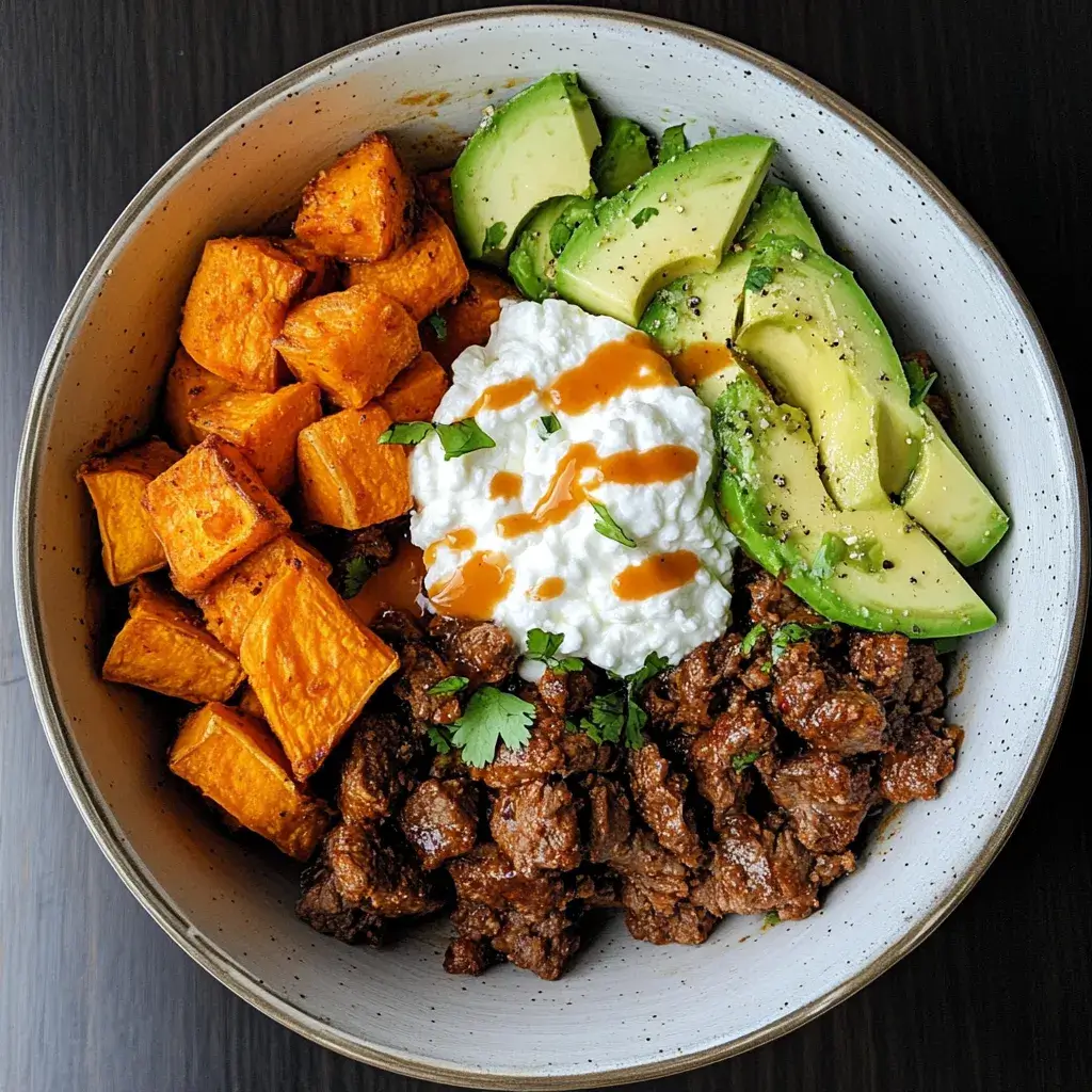 Sweet Potato Beef Cottage Cheese Bowl 10 Served Sweet Potato Beef Cottage Cheese Bowl with spoon