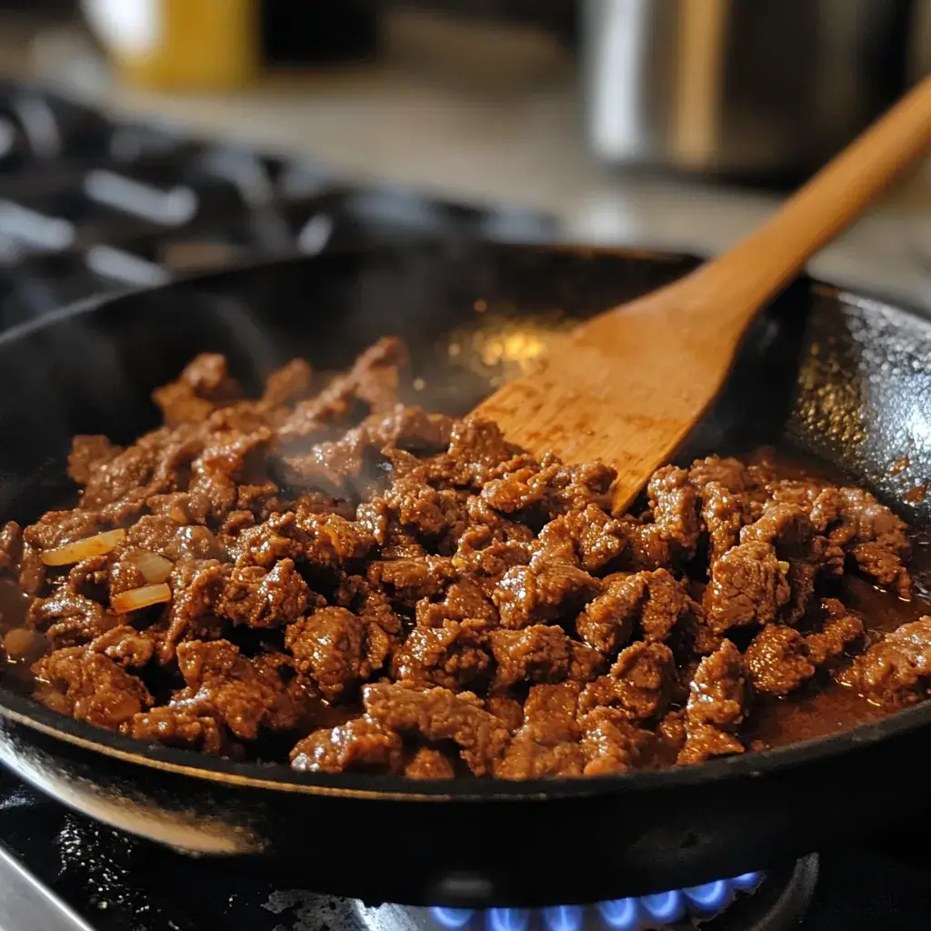Sweet Potato Beef Cottage Cheese Bowl 9 Taco-seasoned ground beef cooking for cottage cheese bowl