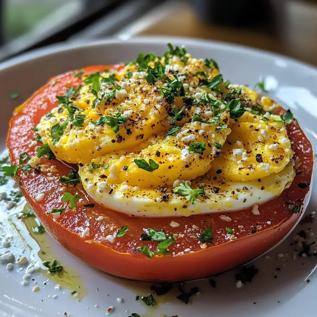 Heirloom Tomato Flight– 5 Unique Ways to Summer’s Best Results 7 Overhead close-up of a thick, scalloped slice of heirloom tomato on a white plate, topped with a generous scoop of yellow baked feta egg salad.