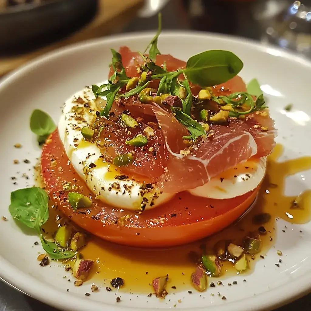 Heirloom Tomato Flight– 5 Unique Ways to Summer’s Best Results 10 heirloom tomato placed on a white plate, topped with folded slices of Coppa or prosciutto, a round of creamy mozzarella (Fior di Latte), a sprinkle of crushed pistachios, and a visible drizzle of hot honey.