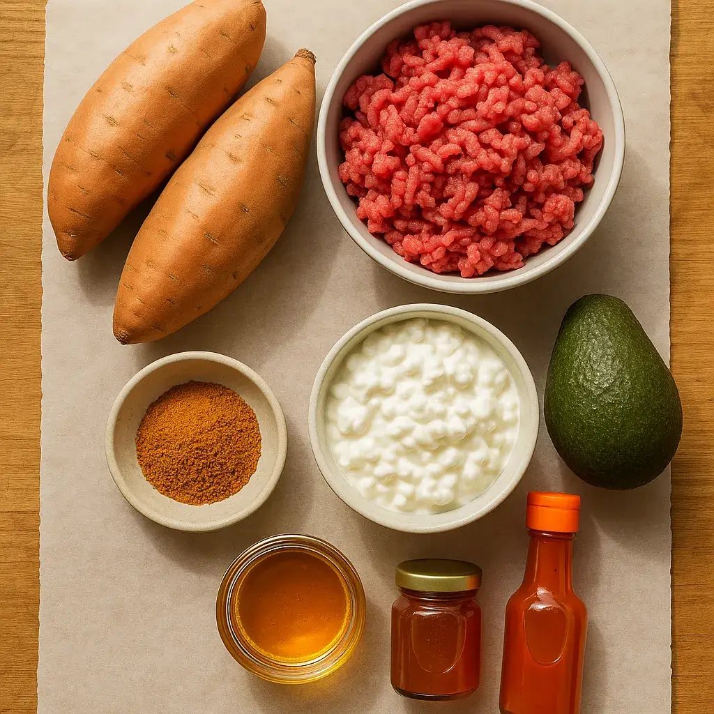 Sweet Potato Beef Cottage Cheese Bowl 8 Sweet Potato Beef Cottage Cheese Bowl raw ingredients laid out
